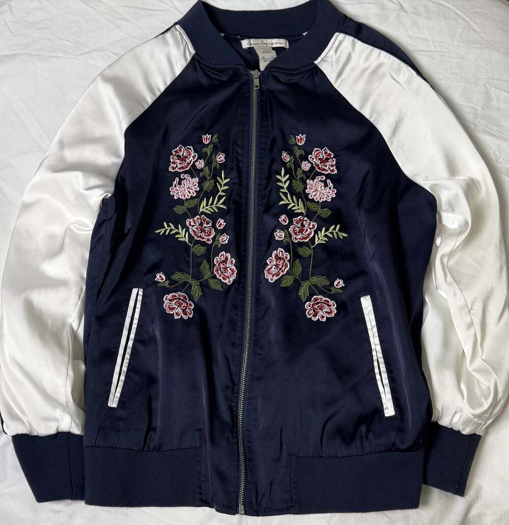 American Rag Cie Navy and White Floral Embroidered Satin Bomber Jacket